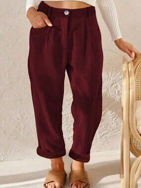 Burgundy Casual Women's Regular Plus Size Corduroy Straight Leg Pants